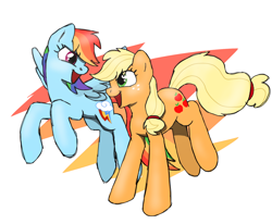 Size: 880x724 | Tagged: source needed, safe, artist:solixy406, applejack, rainbow dash, earth pony, pegasus, pony, g4, female, flying, freckles, looking at each other, looking at someone, mare, open mouth, open smile, simple background, smiling, spread wings, white background, wings