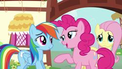 Size: 1280x720 | Tagged: safe, screencap, fluttershy, pinkie pie, rainbow dash, earth pony, pegasus, pony, flutter brutter, g4, building, cloud, female, flower, folded wings, grass, house, lidded eyes, looking at each other, looking at someone, mare, ponyville, raised hoof, sky, standing, trio, wings