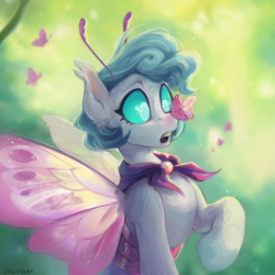 Size: 3000x3000 | Tagged: safe, ai assisted, ai content, artist:jewellier, oc, oc only, oc:silk fly, butterfly, butterfly pony, changedling, changeling, hybrid, original species, pony, :o, abstract background, birthday gift art, butterfly on nose, cute, female, gift art, green background, high res, hybrid oc, insect on nose, mare, open mouth, raised hoof, simple background, solo, surprised