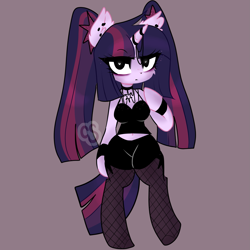 Size: 1805x1805 | Tagged: safe, artist:cutiesparke, twilight sparkle, unicorn, anthro, unguligrade anthro, g4, alternate design, alternate hairstyle, arm hooves, bracelet, breasts, choker, clothes, collar, eyelashes, eyeliner, eyeshadow, female, fishnet stockings, horn, horn jewelry, horn ring, jewelry, makeup, pigtails, ring, shorts, simple background, solo, twintails, unicorn twilight