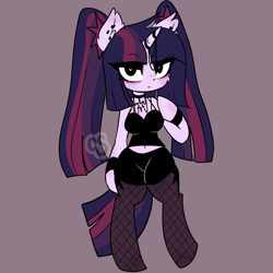 Size: 1805x1805 | Tagged: safe, alternate version, artist:cutiesparke, twilight sparkle, unicorn, anthro, unguligrade anthro, g4, alternate design, alternate hairstyle, arm hooves, bracelet, breasts, choker, clothes, collar, eyelashes, eyeliner, eyeshadow, female, fishnet stockings, horn, horn jewelry, horn ring, jewelry, makeup, no shading, pigtails, ring, shorts, simple background, solo, twintails, unicorn twilight
