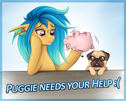 Size: 1693x1349 | Tagged: safe, artist:puggie, oc, oc:calypso glitterfin, oc:puggie, dog, merpony, pug, pain, piggy bank, sad, text