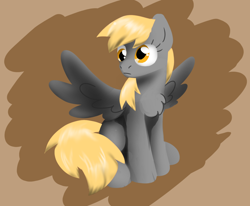 Size: 880x724 | Tagged: source needed, safe, artist:solixy406, derpy hooves, pegasus, pony, g4, abstract background, chest fluff, derp, full body, sitting, solo, spread wings, wings