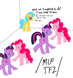 Size: 1500x1587 | Tagged: safe, artist:capital_t, lemon hearts, pinkie pie, twilight sparkle, earth pony, pony, unicorn, g4, /mlp/ tf2 general, butt, dancing, dialogue, dock, female, mare, meme, plot, smiling, tail, text, unicorn twilight