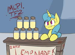 Size: 3340x2476 | Tagged: safe, lemon hearts, pony, unicorn, g4, /mlp/ tf2 general, blood, female, high res, jar, jarate, juice, lemonade, mare, pee in container, seems legit, sign, smiling, solo, table, team fortress 2, text, urine
