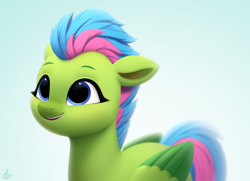 Size: 1384x1000 | Tagged: safe, artist:luminousdazzle, luminous dazzle, pegasus, pony, g5, my little pony: tell your tale, blue eyes, bust, female, folded wings, mare, semi-realistic, simple background, smiling, solo, wings