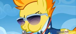 Size: 2400x1080 | Tagged: safe, screencap, spitfire, pegasus, pony, g4, wonderbolts academy, blowing whistle, clothes, drill sergeant, eyes closed, female, mare, necktie, puffy cheeks, solo, spitfire's tie, spitfire's whistle, that pony sure does love whistles, uniform, whistle, whistle necklace, wonderbolts dress uniform