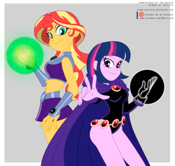 Size: 1317x1250 | Tagged: safe, artist:niban-destikim, sunset shimmer, twilight sparkle, human, equestria girls, g4, belly button, clothes, commission, crossover, dc comics, duo, duo female, female, glowing hands, looking at you, midriff, raven (dc comics), smiling, smiling at you, starfire, tara strong, teen titans, twiraven, voice actor joke