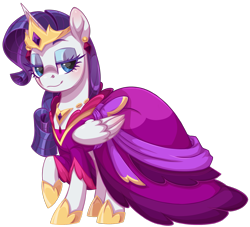 Size: 1893x1722 | Tagged: safe, artist:moonseeker, rarity, alicorn, pony, g4, alicornified, clothes, crown, dress, ear piercing, earring, female, gown, horn, jewelry, lidded eyes, looking at you, mare, piercing, princess, princess costume, race swap, raricorn, simple background, solo, transparent background