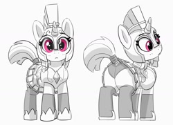 Size: 1199x866 | Tagged: safe, artist:pabbley, pony, unicorn, armor, butt, clothes, cute, female, grayscale, guardsmare, helmet, looking at you, mare, monochrome, panties, partial color, plot, royal guard, simple background, skirt, solo, underwear, upskirt, white background