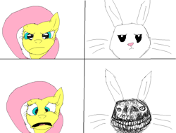 Size: 830x630 | Tagged: safe, angel bunny, fluttershy, pegasus, rabbit, g4, 4 panel comic, animal, comic, creepy, horrified, horror, nightmare fuel, simple background, smiling, stare, stare down, teeth, white background