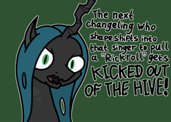 Size: 2048x1455 | Tagged: safe, artist:ewoudcponies, queen chrysalis, changeling, changeling queen, g4, female, green background, rickroll, simple background, solo