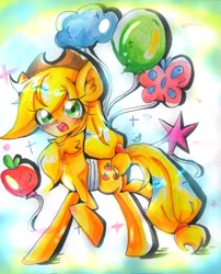 Size: 1652x2048 | Tagged: safe, artist:うめおにぎり, applejack, earth pony, pony, g4, balloon, female, solo, traditional art