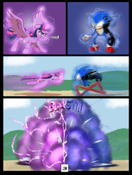 Size: 7500x10000 | Tagged: safe, artist:chedx, twilight sparkle, alicorn, hedgehog, pony, anthro, comic:learning with pibby glitch battles, g4, anthro with ponies, comic, commission, explosion, fanfic, female, male, mare, multiverse, sonic the hedgehog, sonic the hedgehog (series), twilight sparkle (alicorn)