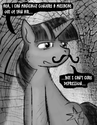 Size: 625x800 | Tagged: safe, artist:owlor, twilight sparkle, pony, g4, fake moustache, monochrome, solo