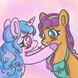 Size: 2160x2160 | Tagged: safe, artist:limitmj, izzy moonbow, sunny starscout, earth pony, pony, unicorn, g5, blushing, female, heart, heart eyes, high res, lesbian, mane stripe sunny, mare, pink background, ship:moonscout, shipping, simple background, squishy cheeks, wingding eyes