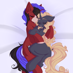 Size: 2000x2000 | Tagged: safe, artist:thieftea, oc, oc only, oc:cj, oc:decora, changeling, pony, unicorn, butt, changeling oc, commission, cuddling, dock, high res, horn, oc x oc, plot, shipping, simple background, sleeping, tail, two toned mane, unicorn oc, wings, ych result, yellow changeling