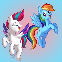 Size: 2500x2500 | Tagged: safe, artist:hexecat, rainbow dash, zipp storm, pegasus, pony, g4, g5, colored wings, duo, duo female, eyebrows, female, flying, gradient background, high res, mare, multicolored wings, open mouth, open smile, signature, smiling, spread wings, wings, zipp and her heroine