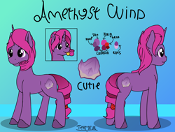 Size: 2120x1600 | Tagged: safe, artist:terminalhash, oc, oc only, oc:amethyst wind, pony, unicorn, fanfic:the enchanted library, cutie mark, female, gradient background, reference sheet, solo, tongue out