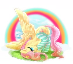 Size: 2394x2090 | Tagged: safe, artist:worstwatchdog, fluttershy, pegasus, pony, g4, butt, clothes, cute, female, flutterbutt, grass, high res, looking at you, mare, plot, rainbow, shyabetes, signature, simple background, solo, spread wings, striped stockings, stupid sexy fluttershy, white background, wings