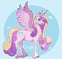 Size: 2024x1916 | Tagged: safe, artist:ladykins, princess cadance, alicorn, pony, g4, blue background, crown, cute, digital art, feather, female, gem, heart, horn, jewelry, looking at you, mare, peytral, purple eyes, raised hoof, regalia, signature, simple background, smiling, smiling at you, solo, spread wings, unshorn fetlocks, wings