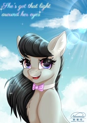 Size: 905x1280 | Tagged: safe, artist:nuumia, octavia melody, earth pony, pony, g4, backlighting, bowtie, chest fluff, cloud, commission, ear fluff, female, half body, iridescence, iridescent iris, looking at you, mare, octavia's bowtie, open mouth, open smile, rainbow eyes, sky, sky background, smiling, smiling at you, solo, subsurface scattering, ych result