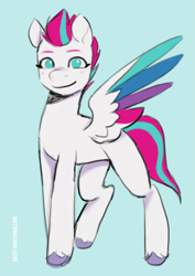 Size: 2919x4132 | Tagged: safe, artist:daisy_marshmallow, zipp storm, pegasus, pony, g5, blue background, colored sketch, concave belly, cyan background, looking at you, no pupils, simple background, sketch, solo, spread wings, wings