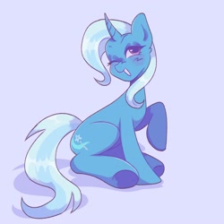 Size: 2000x2000 | Tagged: safe, artist:mothbongwater, trixie, pony, unicorn, g4, blue background, female, high res, mare, one eye closed, open mouth, raised hoof, simple background, solo, underhoof, wink