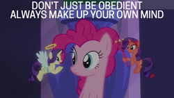 Size: 1920x1080 | Tagged: safe, edit, edited screencap, editor:quoterific, screencap, pinkie pie, rarity, angel, devil, g4, the saddle row review, angel rarity, devil rarity, doctor who, shoulder angel, shoulder devil