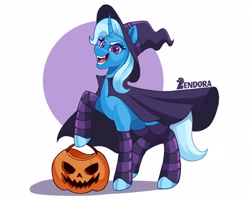 Size: 2048x1638 | Tagged: safe, artist:zendora, trixie, pony, unicorn, g4, abstract background, cape, clothes, female, hat, mare, pumpkin bucket, simple background, smiling, socks, solo, thigh highs, white background, wizard hat