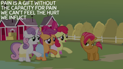 Size: 1920x1080 | Tagged: safe, edit, edited screencap, editor:quoterific, screencap, apple bloom, babs seed, scootaloo, sweetie belle, g4, one bad apple, cutie mark crusaders, doctor who