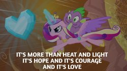 Size: 1920x1080 | Tagged: safe, edit, edited screencap, editor:quoterific, screencap, princess cadance, spike, g4, the crystal empire, crystal empire, crystal heart, doctor who, flying