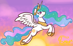 Size: 1309x820 | Tagged: safe, artist:bowsarefriends, princess celestia, alicorn, pony, g4, female, flying, mare, solo, spread wings, sun, wings