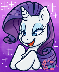 Size: 983x1200 | Tagged: safe, artist:bowsarefriends, rarity, pony, unicorn, g4, female, gradient background, lidded eyes, mare, open mouth, solo, sparkles
