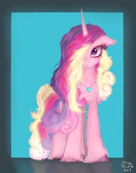 Size: 1074x1368 | Tagged: safe, artist:petaltwinkle, princess cadance, alicorn, pony, g4, blue background, cute, cutedance, female, fluffy, jewelry, looking at you, mare, necklace, needs more jpeg, simple background, solo, unshorn fetlocks