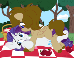 Size: 3000x2344 | Tagged: safe, artist:vi45, rarity, oc, oc:doodles, pegasus, pony, unicorn, g4, apple, basket, blushing, bush, canon x oc, cloud, commission, duo, female, food, grin, high res, lesbian, lying down, mare, markings, on back, picnic, picnic basket, picnic blanket, pinned, pinned down, sky, smiling, tree, ych result