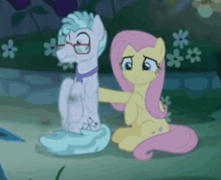 Size: 351x287 | Tagged: safe, screencap, feather flatterfly, fluttershy, rainbow dash, pegasus, pony, g4, season 9, the summer sun setback, animated, cropped, duo focus, faint, falling, female, flapping wings, folded wings, frown, gif, glasses, hoof on head, leaves, male, mare, necktie, offscreen character, open mouth, sitting, spread wings, stallion, teeth, trio, wavy mouth, wings