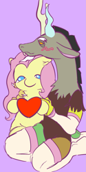 Size: 915x1826 | Tagged: safe, artist:vilesmell, discord, fluttershy, draconequus, g4, blushing, crossdressing, crush plush, femboy, femboy discord, fluttershy likes femboys, hug, implied discoshy, implied shipping, implied straight, male, plushie, purple background, simple background, solo