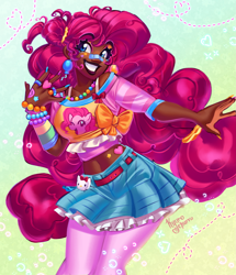Size: 3593x4182 | Tagged: safe, artist:kyurochurro, part of a set, pinkie pie, earth pony, human, pony, g4, alternate hairstyle, bandaid, bandaid on nose, belly button, belt, bra, bra strap, bracelet, clothes, dark skin, ear piercing, earring, eyeshadow, female, grin, humanized, jewelry, makeup, mare, midriff, nail polish, piercing, ring, skirt, smiling, socks, solo, sticker, stockings, tank top, tattoo, thigh highs, underwear