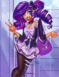 Size: 3185x4095 | Tagged: safe, artist:kyurochurro, part of a set, rarity, human, g4, alternate hairstyle, bag, bow, bracelet, choker, clothes, dark skin, ear piercing, earring, eyeshadow, female, grin, hair bow, humanized, jewelry, lipstick, makeup, nail polish, necklace, peace sign, piercing, skirt, smiling, socks, solo, stockings, suit, tan skin, thigh highs