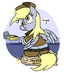 Size: 666x754 | Tagged: safe, artist:jargon scott, derpy hooves, pegasus, pony, g4, bubble butt, butt, buttcrack, caprisun, female, fragile, looking back, lunchables, mailmare, mailmare uniform, mare, oops, package, plot, plotcrack, simple background, sitting, solo, white background