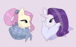 Size: 1280x798 | Tagged: safe, artist:deadgirliee, fluttershy, rarity, pegasus, pony, unicorn, g4, alternate hairstyle, bust, duo, female, fur collar, gray background, looking at each other, looking at someone, mare, older, older fluttershy, older rarity, shawl, simple background