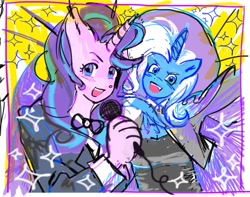 Size: 1851x1459 | Tagged: safe, artist:f1sh1es, starlight glimmer, trixie, unicorn, anthro, g4, blushing, bowtie, bust, cape, clothes, duo, open mouth, smiling, suit
