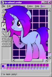 Size: 2751x4000 | Tagged: safe, artist:blacksmile, artist:equestrian_pony, oc, oc only, oc:gradient, pony, unicorn, gradient, gradient hooves, gradient mane, gradient tail, microsoft, microsoft windows, ms paint, neon, retrowave, solo, tail, webcore, windows 98