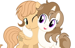 Size: 1118x714 | Tagged: artist needed, safe, oc, oc only, oc:fluffymarsh, pegasus, pony, unicorn, brown mane, cute, duo, female, food, friends, horn, hug, mare, marshmallow, pegasus oc, purple eyes, show accurate, simple background, unicorn oc, white background