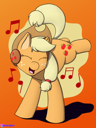 Size: 1500x1995 | Tagged: safe, artist:passionpanther, applejack, earth pony, pony, series:ponies with headphones, g4, cute, dancing, eyes closed, headphones, jackabetes, music notes, open mouth, open smile, orange background, simple background, smiling, solo