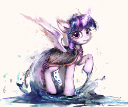 Size: 2272x1903 | Tagged: safe, artist:xyq, twilight sparkle, alicorn, pony, g4, cloak, clothes, female, glowing, glowing horn, high res, horn, looking at you, mare, raised hoof, simple background, solo, spread wings, twilight sparkle (alicorn), white background, wings