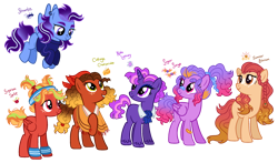 Size: 2768x1630 | Tagged: safe, artist:fizzmitz, oc, oc only, oc:cottage cheesecake, oc:noble luminary, oc:streamline, oc:sugar surge, oc:sugarbee sprint, oc:summer blossom, earth pony, pegasus, pony, unicorn, bandaid, bandaid on nose, base used, clothes, female, flower, flower in hair, freckles, headband, mare, necktie, offspring, parent:applejack, parent:big macintosh, parent:cheese sandwich, parent:fancypants, parent:flash sentry, parent:fluttershy, parent:pinkie pie, parent:rainbow dash, parent:rarity, parent:soarin', parent:trouble shoes, parent:twilight sparkle, parents:cheesejack, parents:pinkiesentry, parents:rainbowmac, parents:soarity, parents:troubleshy, parents:twipants, poncho, simple background, sweatband, sweater, transparent background