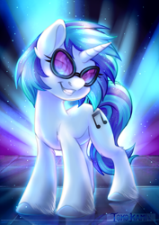 Size: 2480x3507 | Tagged: safe, artist:tokokami, dj pon-3, vinyl scratch, pony, unicorn, g4, female, glasses, grin, high res, lidded eyes, looking at you, mare, smiling, solo, stage, unshorn fetlocks