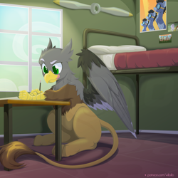 Size: 2000x2000 | Tagged: safe, artist:willoillo, oc, oc only, griffon, bed, commission, high res, pencil, propeller, solo, tongue out, window